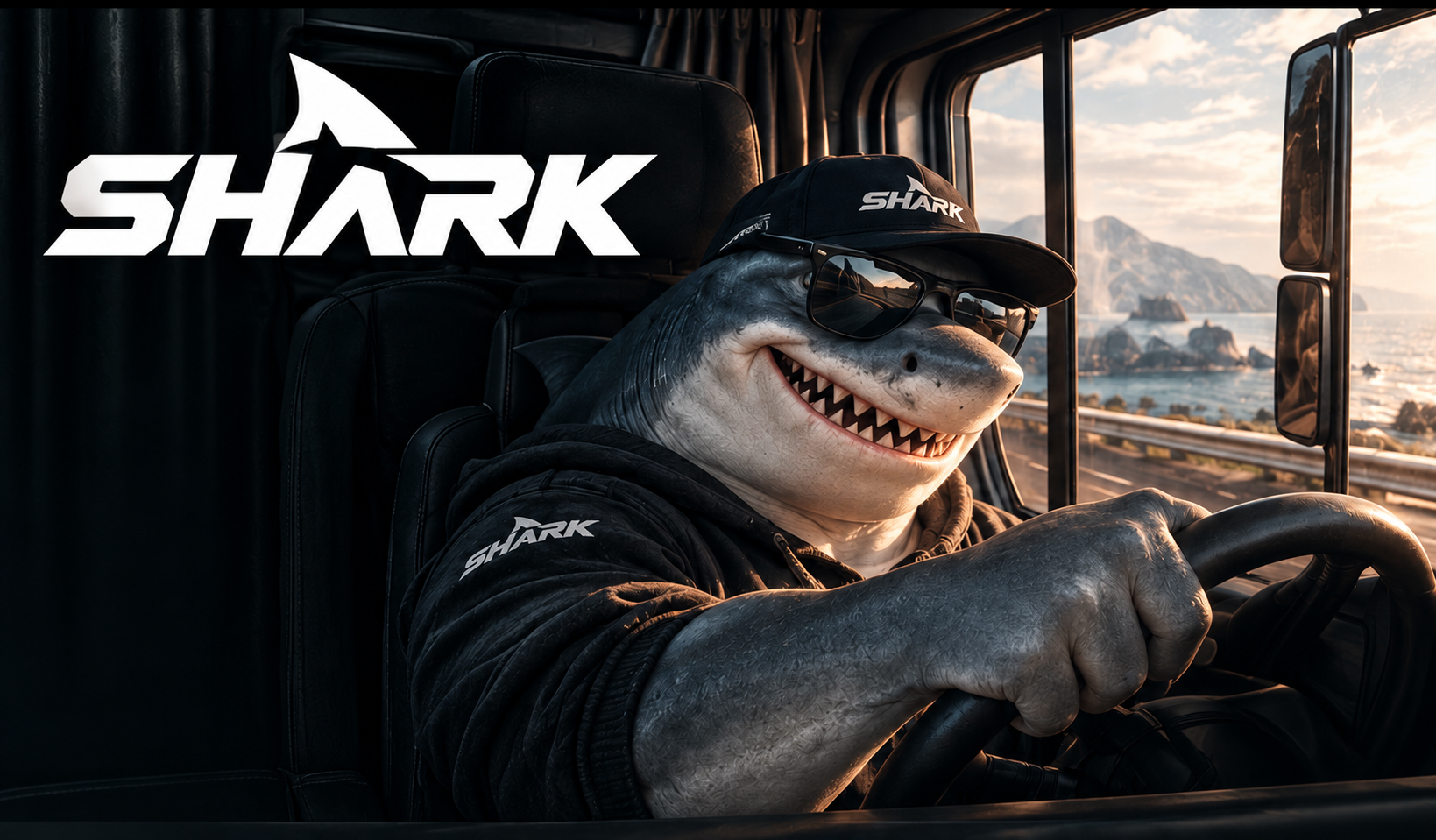 SHARK logolu şapka takan köpek balığı maskotu tır direksiyonunda